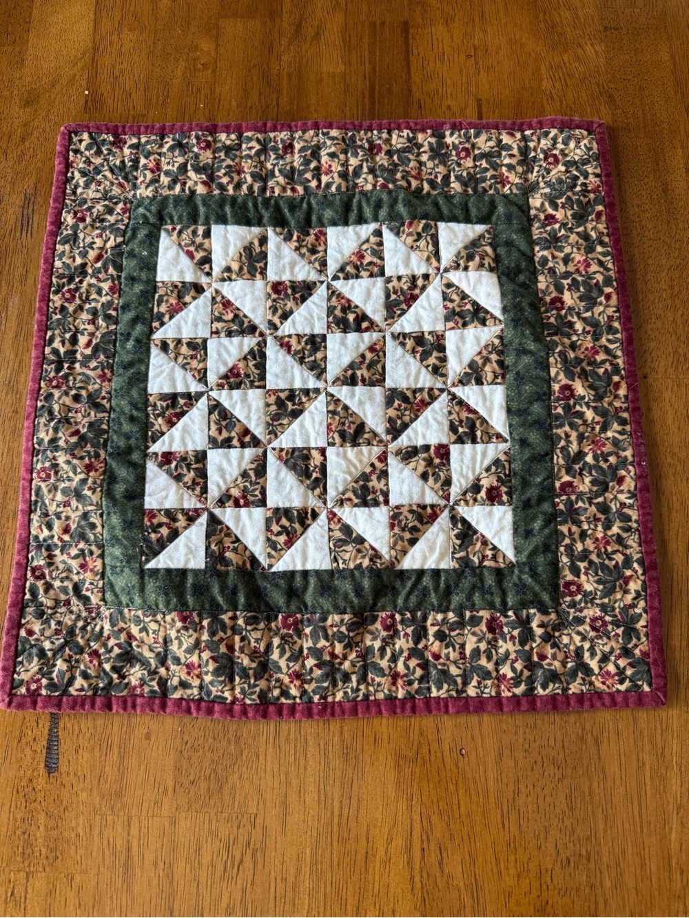 Handmade Vintage square Quilted Table Topper Runner Mat Floral fall Decor 15”